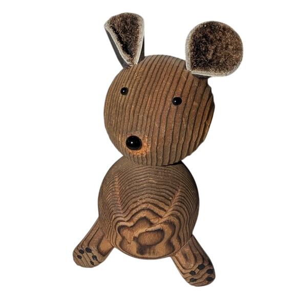 Vintage Other - VTg 1960s MCM Japan Cryptomeria Hand Carved Wooden Bear Figurine Leather Accents